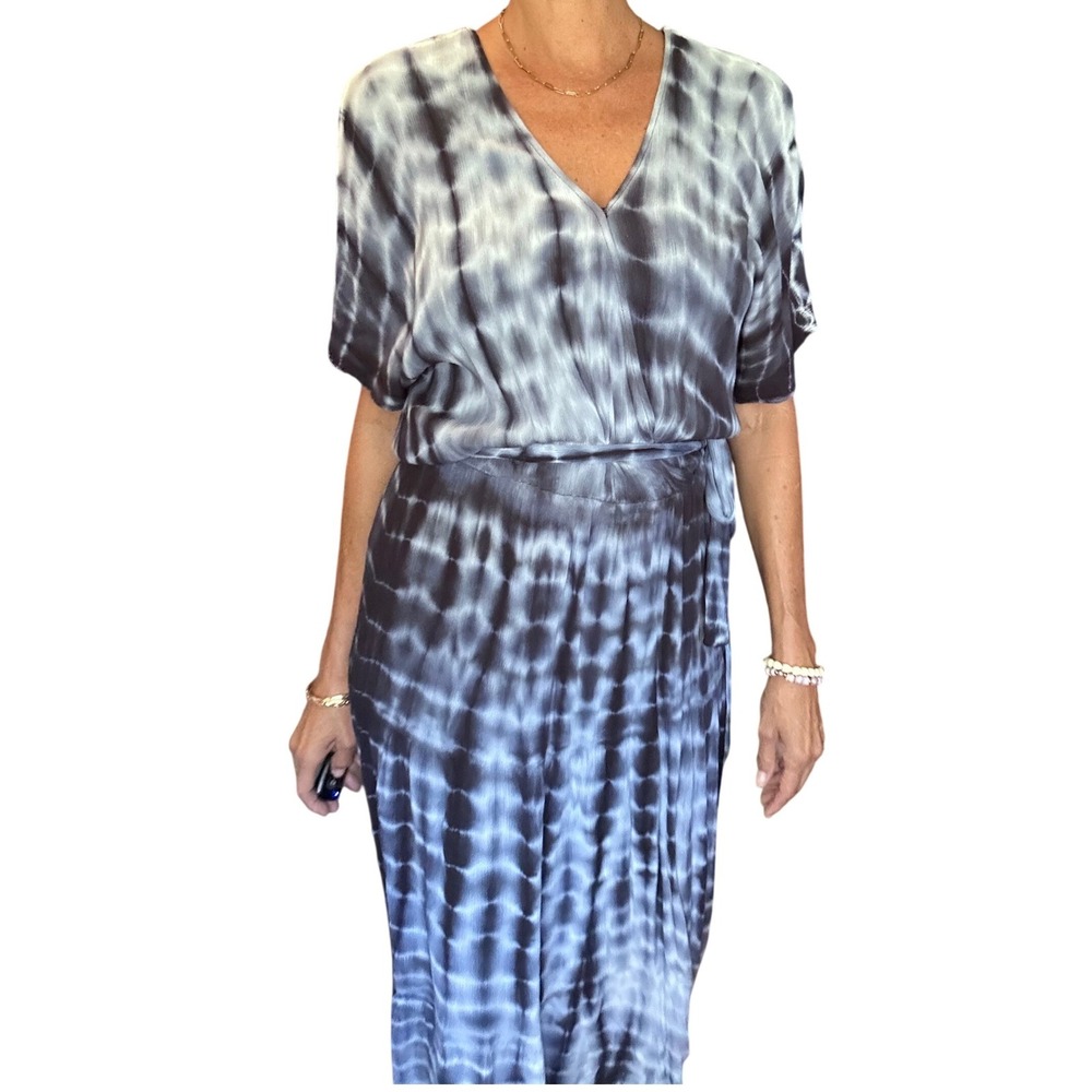 Knox Rose Rayon Blue White Tie Dye V-Neck Maxi Dress Short Sleeve Boho Belted - Picture 6 of 13